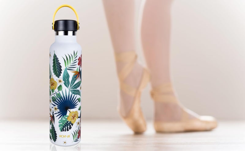 IONI Water Bottle for Women 24oz (2 Lids) - Designer Water Bottle White Tropical Art - BPA Free Stainless Steel Insulated Leakproof - Slim Water Bottle - Aesthetic Water Bottle with Straw - Image 5
